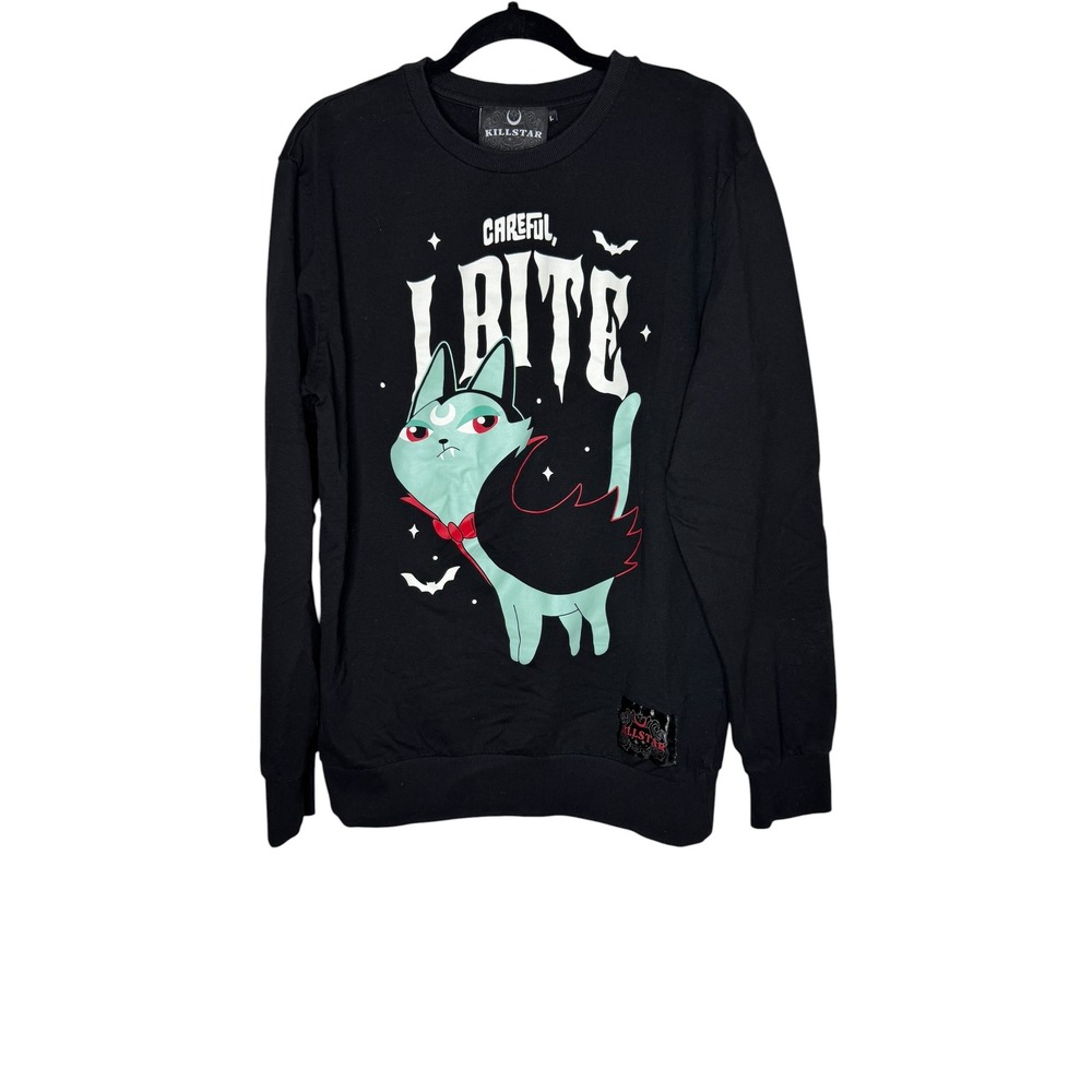 Killstar Careful I Bite Vampire Cat Black Sweatshirt Goth Graphic Crew Neck L
